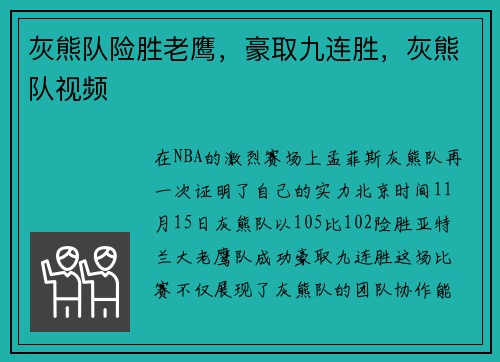 灰熊队险胜老鹰，豪取九连胜，灰熊队视频