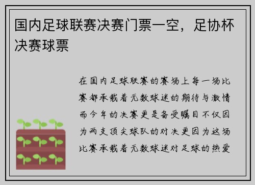 国内足球联赛决赛门票一空，足协杯决赛球票