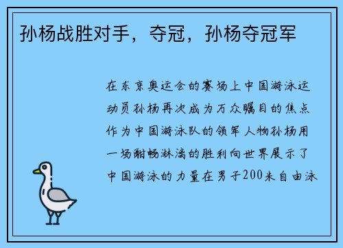 孙杨战胜对手，夺冠，孙杨夺冠军