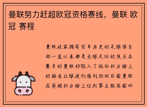 曼联努力赶超欧冠资格赛线，曼联 欧冠 赛程
