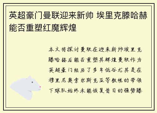 英超豪门曼联迎来新帅 埃里克滕哈赫能否重塑红魔辉煌