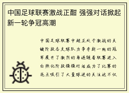 中国足球联赛激战正酣 强强对话掀起新一轮争冠高潮