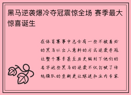 黑马逆袭爆冷夺冠震惊全场 赛季最大惊喜诞生
