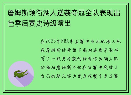 詹姆斯领衔湖人逆袭夺冠全队表现出色季后赛史诗级演出